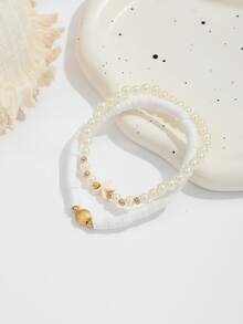 Set Gelang Kaki Lembut Berlapis Mutiara Imitasi Bentuk Bintang Laut Gaya Liburan Pantai (2 Buah), Gelang Kaki Elastis Serbaguna dengan Mutiara Imitasi untuk Wanita - Emas - View 4
