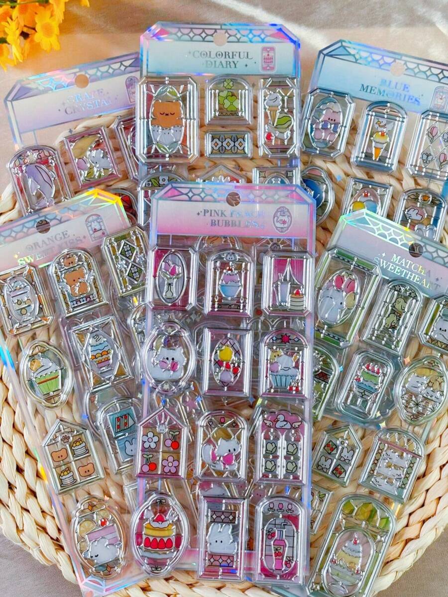 Window Shaped Glass Stickers Cute Stationery Stickers Colorful Window Glass Junk Journal Decoration Scrapbook Stickers