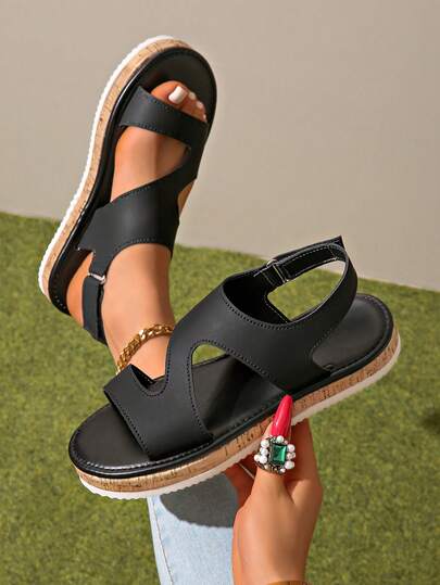 Women's Flat Sandals, Fashionable And Comfortable, Summer New Style, Minimalist Versatile Sandals, Black Beach Sandals, 1 Pair, Girls' Sandals