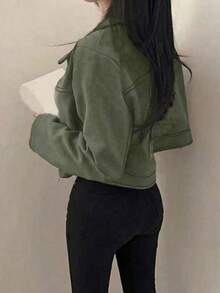 女士休闲纯色仿麂皮绒领拉链短外套，春秋冬季 - 綠色 - 查看 4