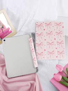 粉色蝴蝶結與愛心彩繪平板保護殼，相容 iPad Mini6/Mini7/9.7/10.2/10.5/Air4/Air5/10.9/Pro 11"/10th Gen/ Pro 11-In.(M4)-2024/ Air 7(M3)2025(11-Inch)/ Air 8(M4)2026(11-Inch/ (A16) 11 Inch 11th Generation 2025/ Galaxy Tab A8 10.5 Inch 2022，內置筆槽，三折支架，TPU 軟邊，自動休眠/喚醒，翻蓋平板保護殼，三折筆槽款 - 彩色 - 查看 2