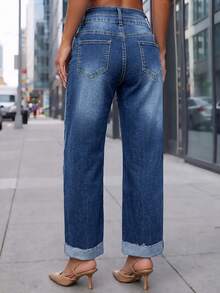 Jeans a vita alta con doppio bottone e gamba ampia per donne, design vintage con orlo arrotolato, jeans dad elasticizzati e larghi a gamba dritta, blu navy casual - Blu lavato scuro - Visualizzare 4