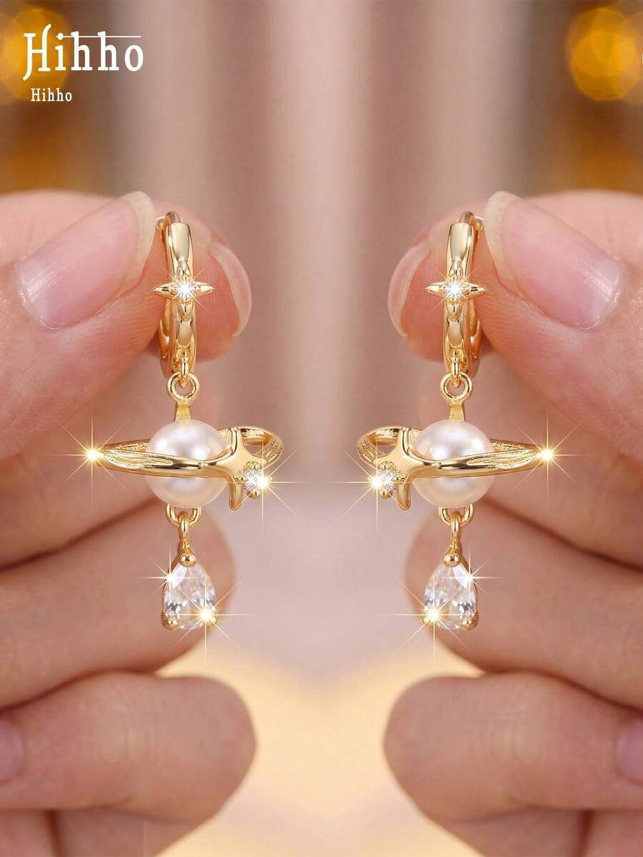 Hihho 1 Pair Luxury Style Romantic Dreamy Four-Pointed Star Zirconia Inlaid Pearl With Teardrop Zirconia Pendant Earrings, Suitable For Women's Daily Commute Wear - Star - View 1