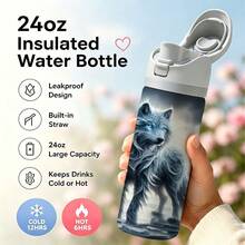 1pc 24oz Stainless Steel Water Bottles With Straw, Frozen Wolf Forest Design Tumbler Wrap For Wolf Lovers, Adults, And Winter Holiday Gifting, Featuring A Mystical Icy Wolf In A Snowy Woodland Scene. - 彩色 - 查看 1