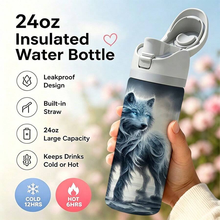 1pc 24oz Stainless Steel Water Bottles With Straw, Frozen Wolf Forest Design Tumbler Wrap For Wolf Lovers, Adults, And Winter Holiday Gifting, Featuring A Mystical Icy Wolf In A Snowy Woodland Scene. - 彩色 - 查看 1
