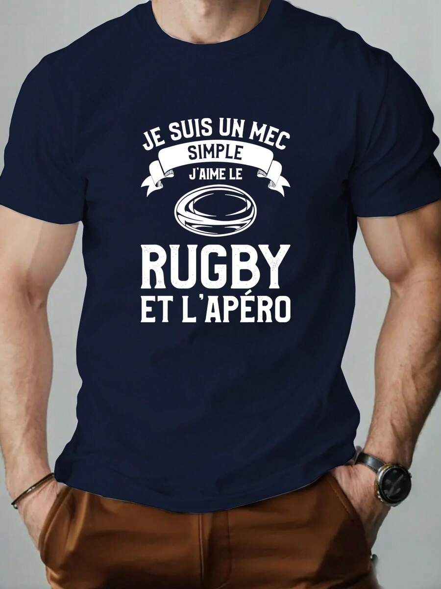 Men's Short-Sleeved T-Shirt With Round Neck And Rugby Design, Casual Summer Style - 黑色 - 查看 1
