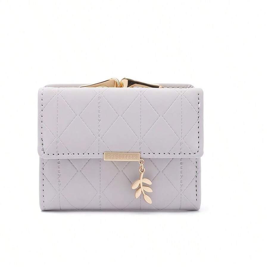 This Elegant Quilted Wallet Is Designed Specifically For Women And Features A Leaf-Shaped Pendant. - 灰色 - 查看 1