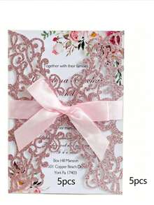Gold Glitter Hollow Rose Design Wedding Artificial Flowers, Includes Envelope And RSVP Card, Pre-Tied Ribbon, Perfect Gift For Weddings, Bridal Showers, Engagement Parties, Anniversaries - A - View 18