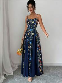 Elegante vestido de patchwork con estampado floral para mujer, vestido maxi francés romántico con tirantes florales, cintura entallada, bajo amplio, vestido estampado estilo vacaciones. - Morado - Ver 5