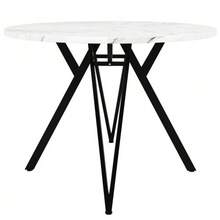 Dining Set (5 Pieces), Including A Table And Four Chairs, A Modern Kitchen Set, A Round Table 100 Cm In Diameter, Black Metal Legs, A Marble Effect MDF Top And Grey Linen Dining Chairs. - Black - View 8