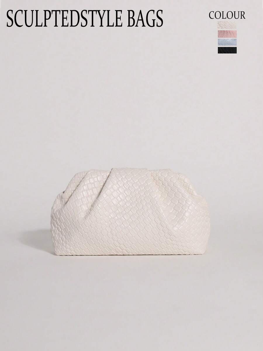 SCULPTEDSTYLE BAGS 1個白色編織壓紋PU純色雲朵包 時尚女款手提包 壓褶設計 皺褶包 手拿包 鍊條斜背包 極簡風格 女款晚宴包 適用於派對與舞會 - 白色 - 查看 1