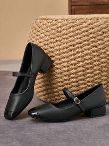 MonaNise Square Toe Low Block Heel Work Pumps - Black - View 5