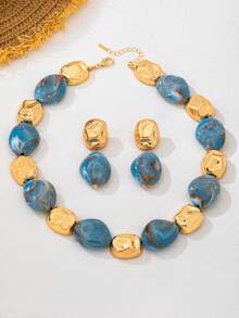 1 Set Bohemian Blue Tie Dye Resin & Metal Mixed Jewelry Set, Short Necklace + Earrings, Niche Premium Vacation Style Versatile Accessories - Dusty Blue - View 4