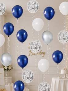 40pcs Party Balloon Set, Navy Blue White Metallic Silver Latex Balloons, 12 Inch Silver Foil Confetti Transparent Balloons, Suitable For Birthday Party, Baby Shower Decoration - Multicolor - View 3