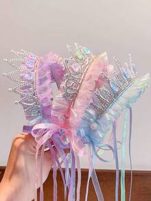 1/2/3/4PCS Blue Pearl Crown Headband, Ice & Snow Fairy Tale Girl Hair Accessory, Sweet Princess Headpiece With Tassel Ribbon And Mesh - Multicolor - View 6