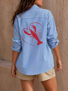 Women's Spring/Autumn Fashion Casual Street Style Loose Fit Y2K Colorblock Striped Lobster Print Round Neck Long Sleeve Top, Suitable For Brunch And Outings - Blue - View 10