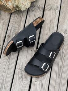 Men's Fashion Sandals With Cork Sole And Comfortable Insole, Buckle Strap Adjustable Size Slouchy Slip-On Style, Suitable For Summer Beach Outdoor Walking, Unisex - Black Skin - View 6