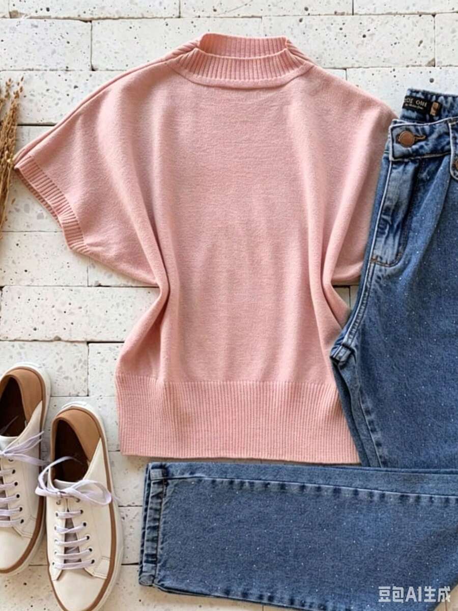 Modal Knit Turtleneck Sweater With Short Sleeves, Batwing Style, For Winter! - Baby Pink - View 1
