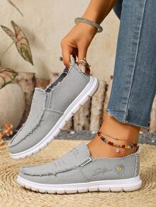 Zapatos deportivos casuales para mujer de lona lavada con bordado floral, zapatos de moda retro de empeine bajo, sin cordones, para ir al trabajo y caminar - Gris - Ver 3