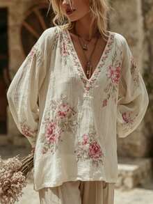 Women's Bohemian Style Button-Front Pullover Shirt, Loose Long Sleeve Lapel Top, Casual Bohemian Vacation Blouse - Apricot - View 7