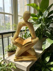 Abstract Golden Beaded Reading Man Statue, Modern Art Desktop Decor Sculpture, Suitable For Home Study Living Room Bookshelf, Ideal Bookstore Office Desktop Ornament, Premium Resin Thinker Sculpture, Gift For Book Lovers & Home Interior Decoration, Room Decor - New Model - View 2