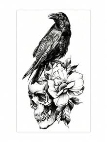 1片黑白素描烏鴉頭骨玫瑰結合圖案臨時紋身貼紙，具逼真紋身設計。適合旅行、音樂節、遊戲、畢業禮物。可維持3-5天。 - 黑色 - 查看 4