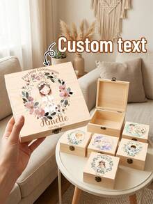 1pc Customized First Communion Keepsake Box, Personalized Religious Baptism Wooden Storage Box, Communion Gift, Floral & Cross Children's Gift Box - Multicolor - View 2