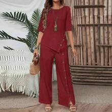 Conjunto de Dos Piezas para Mujer 2025: Summer de Corte Irregular y Camisa de Media Manga con Botones, Elegante, Casual y Holgado - Amarillo - Ver 8