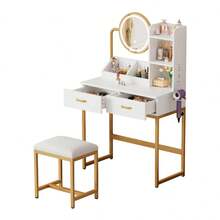 Modern Dressing Table / Fashionable Dressing Table / Rotating Mirror – Incl. Stool & Gold Metal Legs / Plenty Of Storage Space: 2 Drawers + 2 Open Shelves / White, Dimensions: 80*138.5*40 Cm - White+Gold - 查看 11