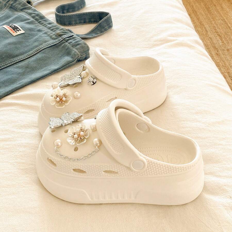 Sabots plateforme à semelle épaisse Y2K pour femmes, semelle épaisse augmentant la hauteur, fond EVA souple, confortables et respirants, sandales fermées à bout fermé pour la plage et le sable, chaussures de jardin - Beige - Voir 1