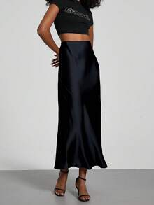 Elegant Textured Satin Midi Skirt That Flatters The Figure. - 深藏青 - 查看 1