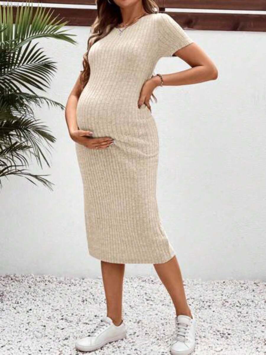 yonghongmaoyi1 Vestido de embarazo casual ajustado de cuello redondo y longitud media - Albaricoque - Ver 1