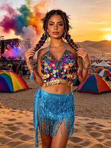 Áo hai dây crop top vỏ sò đính sequin nhiều màu kèm chân váy hông tua rua sequin, phù hợp cho lễ hội Carnival, lễ hội âm nhạc sa mạc và lễ hội EDM (có nhiều màu sắc) - Nhiều màu - Xem 18