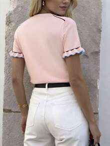 Jersey de punto de manga corta con cuello redondo, volantes y bloques de color, estilo casual de verano para mujer, color rosa - Rosa - Ver 7