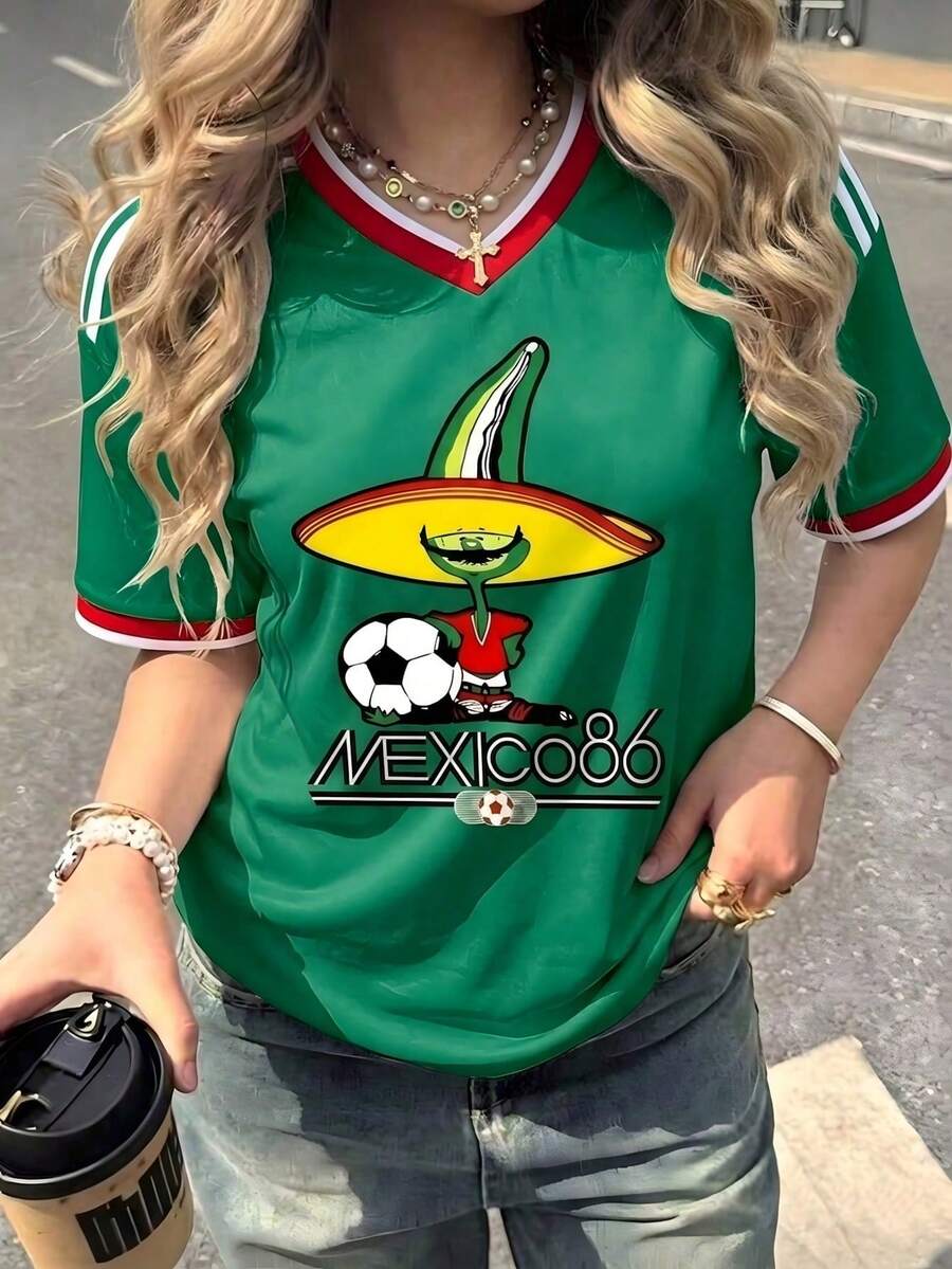 Loose-Fitting Women's T-Shirt, Printed With The Colors Of The National And The Mexican Flag, Ideal For The National Team. Comfortably Soft For Everyday Wear. - 橄欖綠 - 查看 1