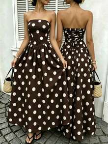 Women's Polka Dot Waist-Cinching Strapless Dress, Vacation Style Casual Brown Long Beach Dress For Autumn Elegant Summer - Brown - View 8