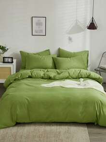 Solid Green Skin-Friendly Brushed Duvet Cover Set 3pcs (1*Duvet Cover + 2*Pillowcases, No Filling), Machine Washable, All Seasons, Suitable For Bedroom, Soft And Comfortable - Green - View 11
