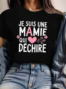Talla Grande, Camiseta de Mujer Talla Grande con Estampado Gráfico "JE SUIS UNE MAMIE QUI DECHIRE", Manga Corta, Cuello Redondo, Top Casual para Verano y Primavera, Ropa de Mujer - Negro - Ver 1