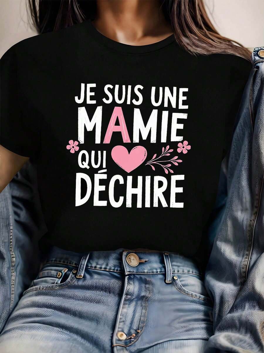 Talla Grande, Camiseta de Mujer Talla Grande con Estampado Gráfico "JE SUIS UNE MAMIE QUI DECHIRE", Manga Corta, Cuello Redondo, Top Casual para Verano y Primavera, Ropa de Mujer - Negro - Ver 1