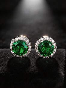 Men Emerald Green/Royal Blue CZ Round Stud Earrings Silver Hip Hop Ear Jewelry - Silver - View 1