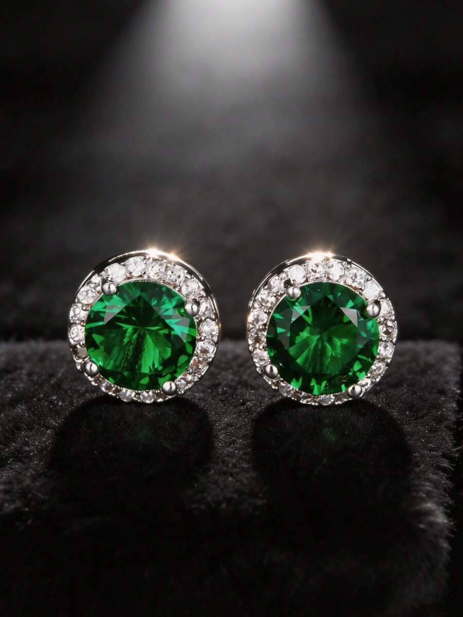 Men Emerald Green/Royal Blue CZ Round Stud Earrings Silver Hip Hop Ear Jewelry - Silver - View 1