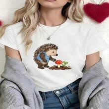 Kawaii Hedgehog Graphic T-Shirt, 100% Cotton Oversized Soft Breathable Casual Crewneck Short Sleeve Top, Summer Vibes Aesthetic Streetwear Tee For Women & Nature Lovers - 白色 - 查看 11
