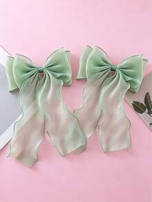 Clip de pelo elegante y suave para media coleta con lazo grande de malla verde menta fresca y cinta ondulada, accesorio para el cabello de primavera - Verde - Ver 6