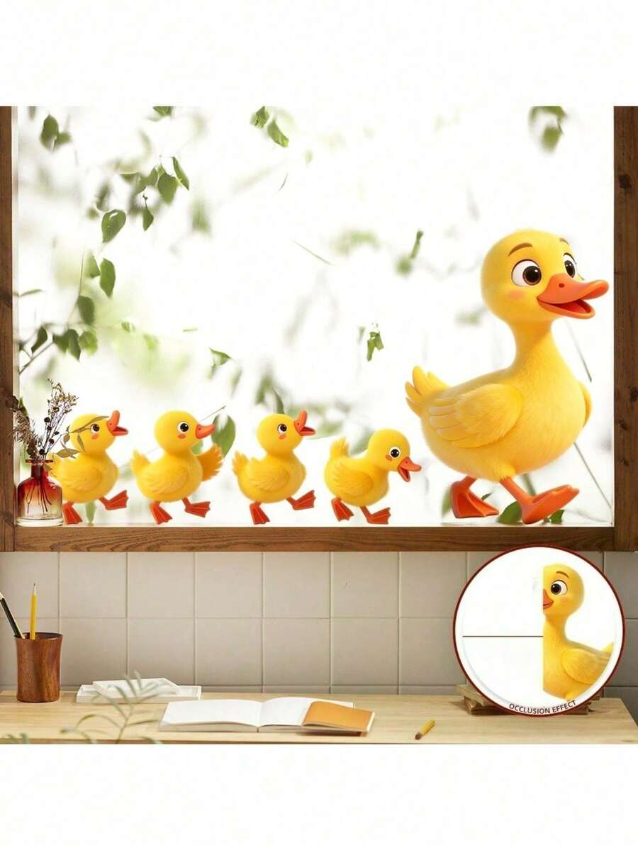1pc Static Cling Duck Parent & Child Window Sticker, Pastoral Style 2D Flat Glass Decal, Glue-Free Removable Home Window & Storefront Decorative Sticker - Duck - View 1