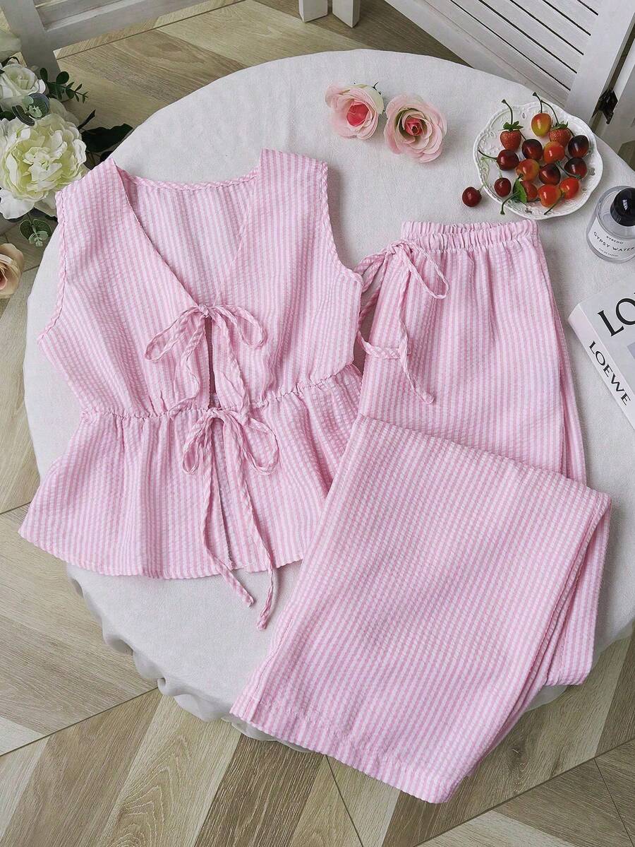 Tall Conjunto de top sin mangas con cuello en V y cintura anudada, y pantalones de pierna ancha, conjunto informal de gasa a rayas tipo burbuja para mujeres altas, primavera/verano - Rosa - Ver 1