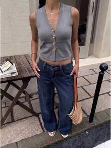 Top de tirantes de punto acanalado gris para mujer, top corto sin mangas con cuello en V y botones, prenda de punto para capas de primavera/verano - Gris - Ver 10