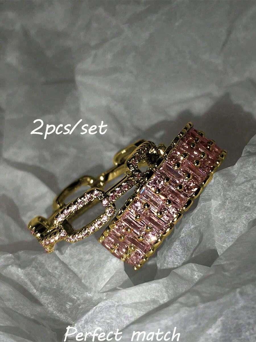 rundraw 2pcs Minimalist Copper Gold Tone Pink Zirconia Decor Adjustable Ring Set For Women, Suitable For Daily, Party, Event
