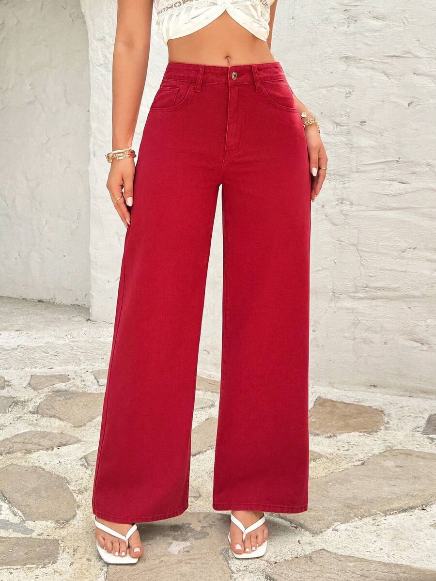 ICON Pantalones vaqueros sencillos y simples para mujer para uso diario - Rojo - Ver 1