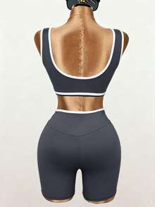 女款夏季運動套裝，舒適彈性健身短褲 2 件組，戶外運動套裝 - 灰色 - 查看 5