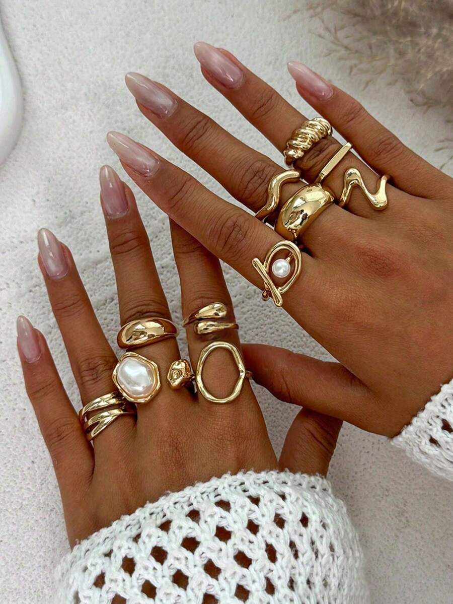 Set Of 11 Vintage Geometric Punk Style Rings For Women, Fashion Jewelry For Everyday Wear And Parties (Non-Adjustable, Do Not Bend, Sizes Marked) - الذهبي - مشاهدة 1